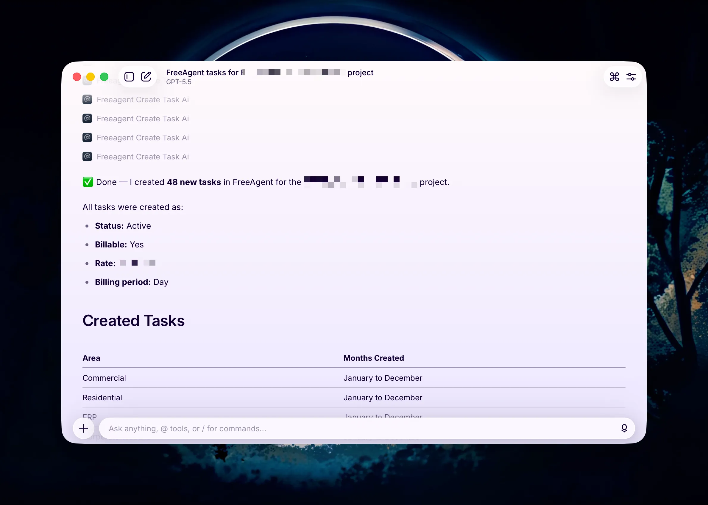 Raycast AI creating 48 tasks across four areas of a client project in FreeAgent from a single prompt