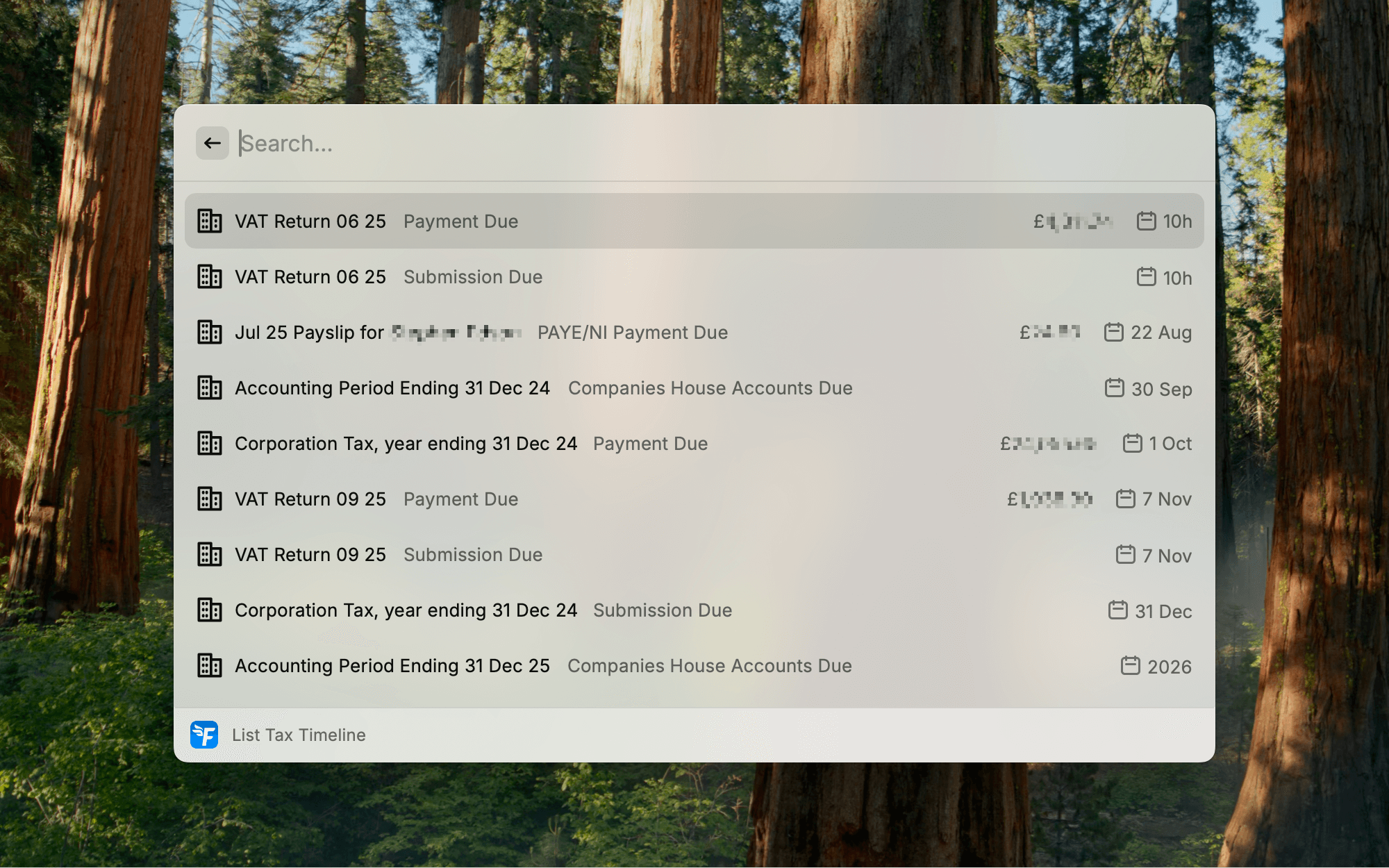 Tax Timeline showing VAT returns, corporation tax, and accounting deadlines