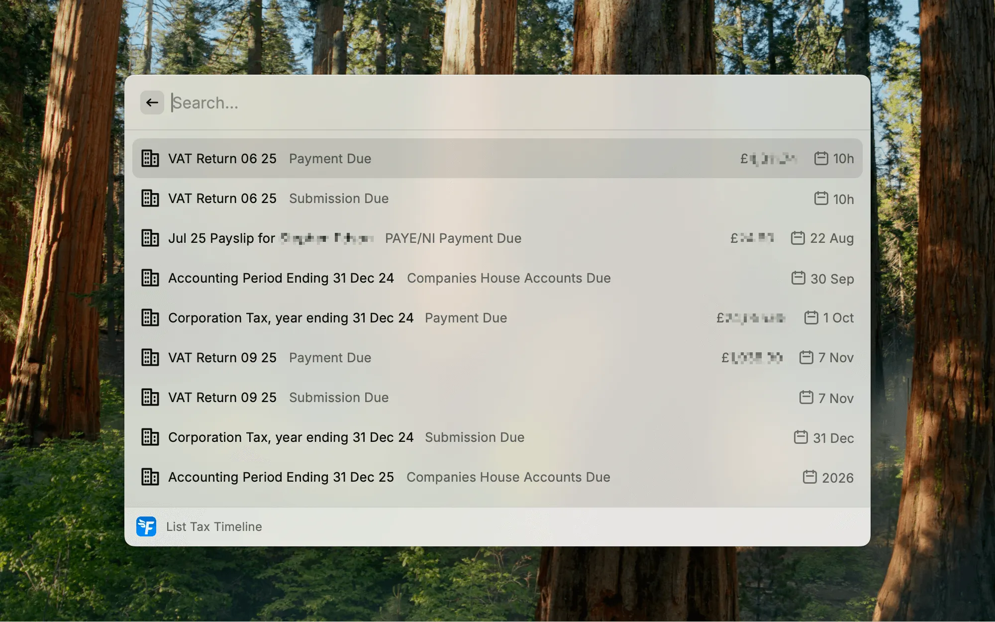 Tax Timeline showing VAT returns, corporation tax, and accounting deadlines