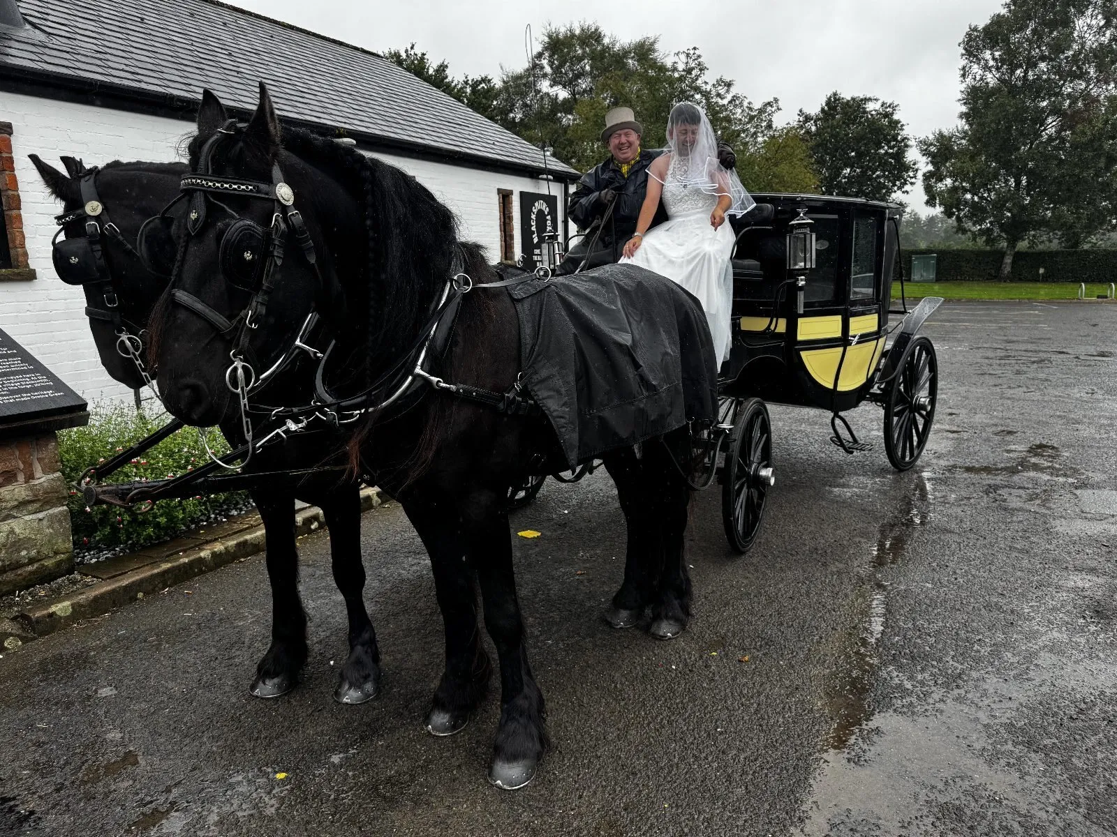 A horse-drawn wedding carriage at Gretna Green, with one of the team in a wedding dress