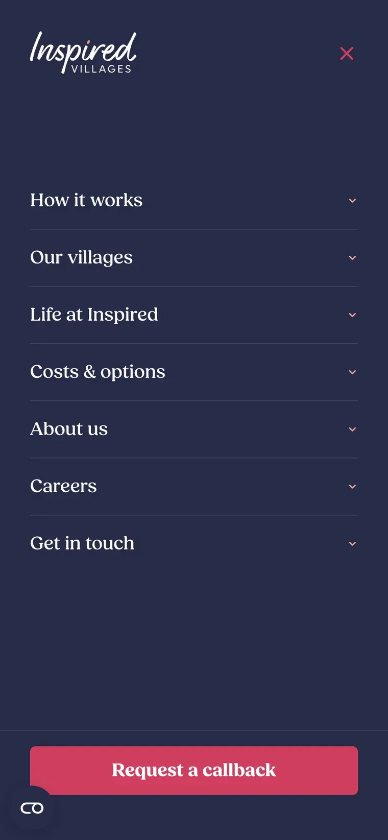 The Inspired Villages navigation menu on mobile