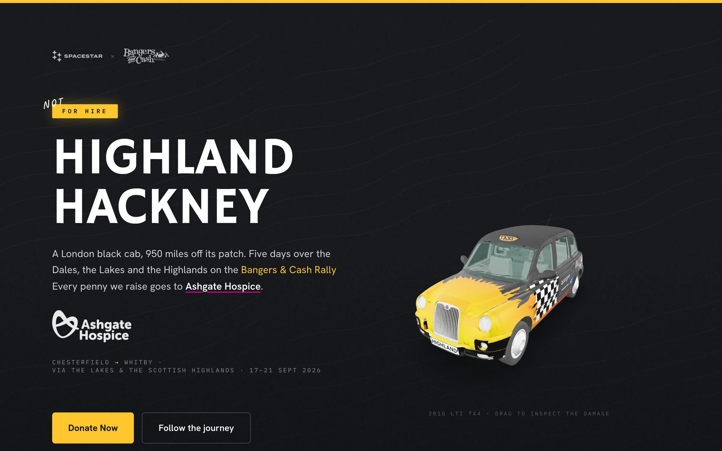 The highlandhackney.com hero: HIGHLAND HACKNEY in big white type, a 'not for hire' plate and a 3D model of the wrapped cab