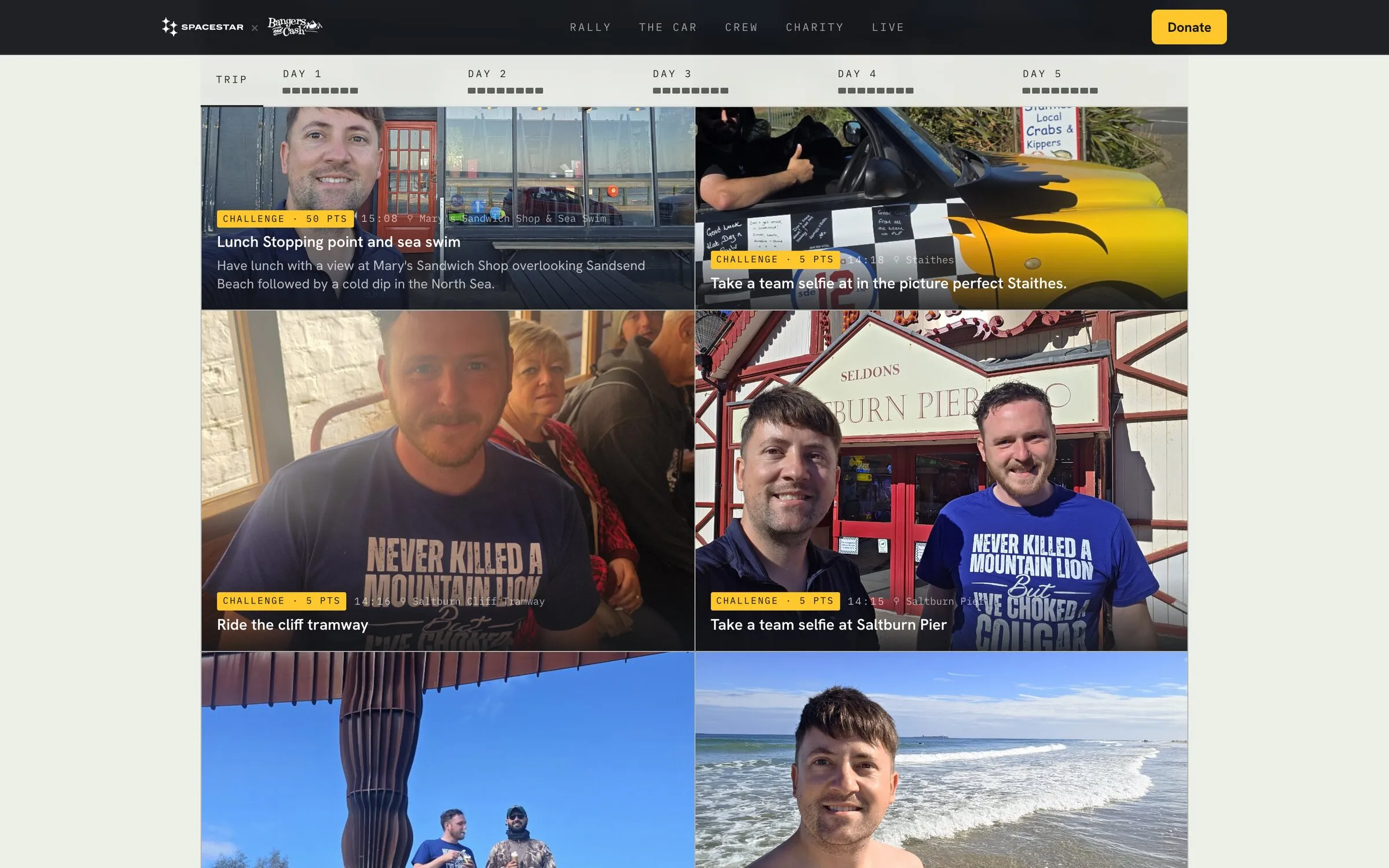 The journey log: a trip rail with a tab per day above a grid of challenge photos from Whitby and Saltburn, each captioned with its points and time