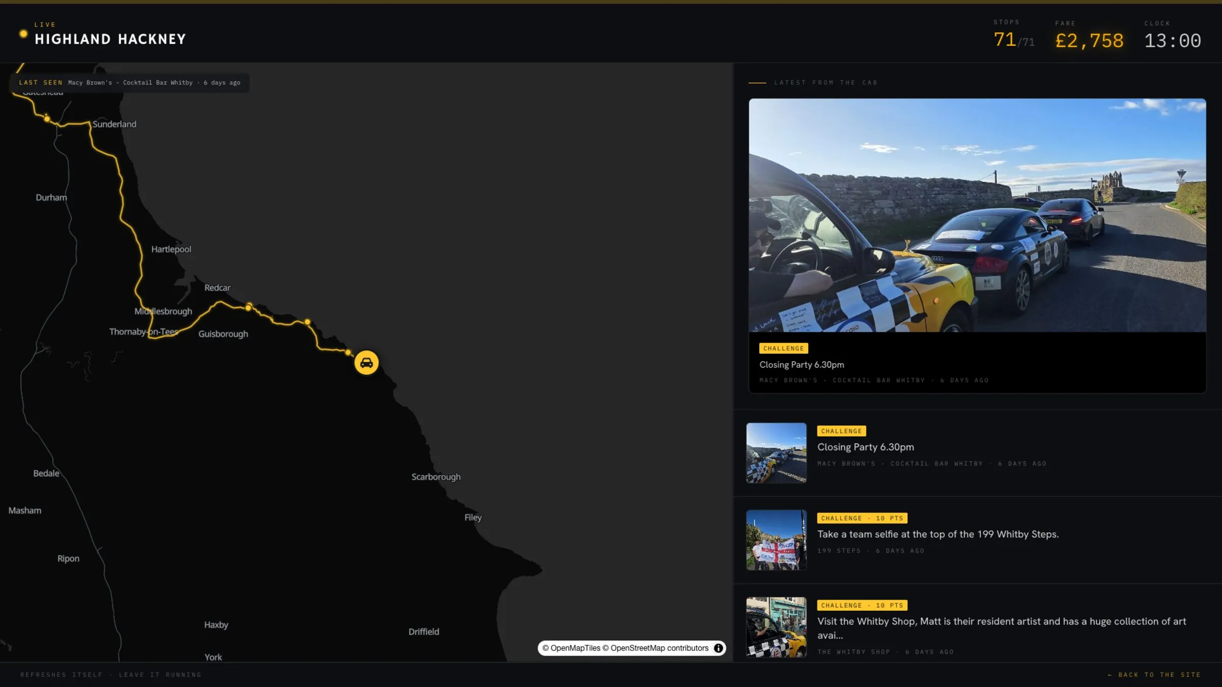 The live dashboard: a dark map of the North Yorkshire coast with the taxi marker at Whitby, the 71/71 stops, £2,758 fare and clock readouts, and a feed of the latest photos from the cab