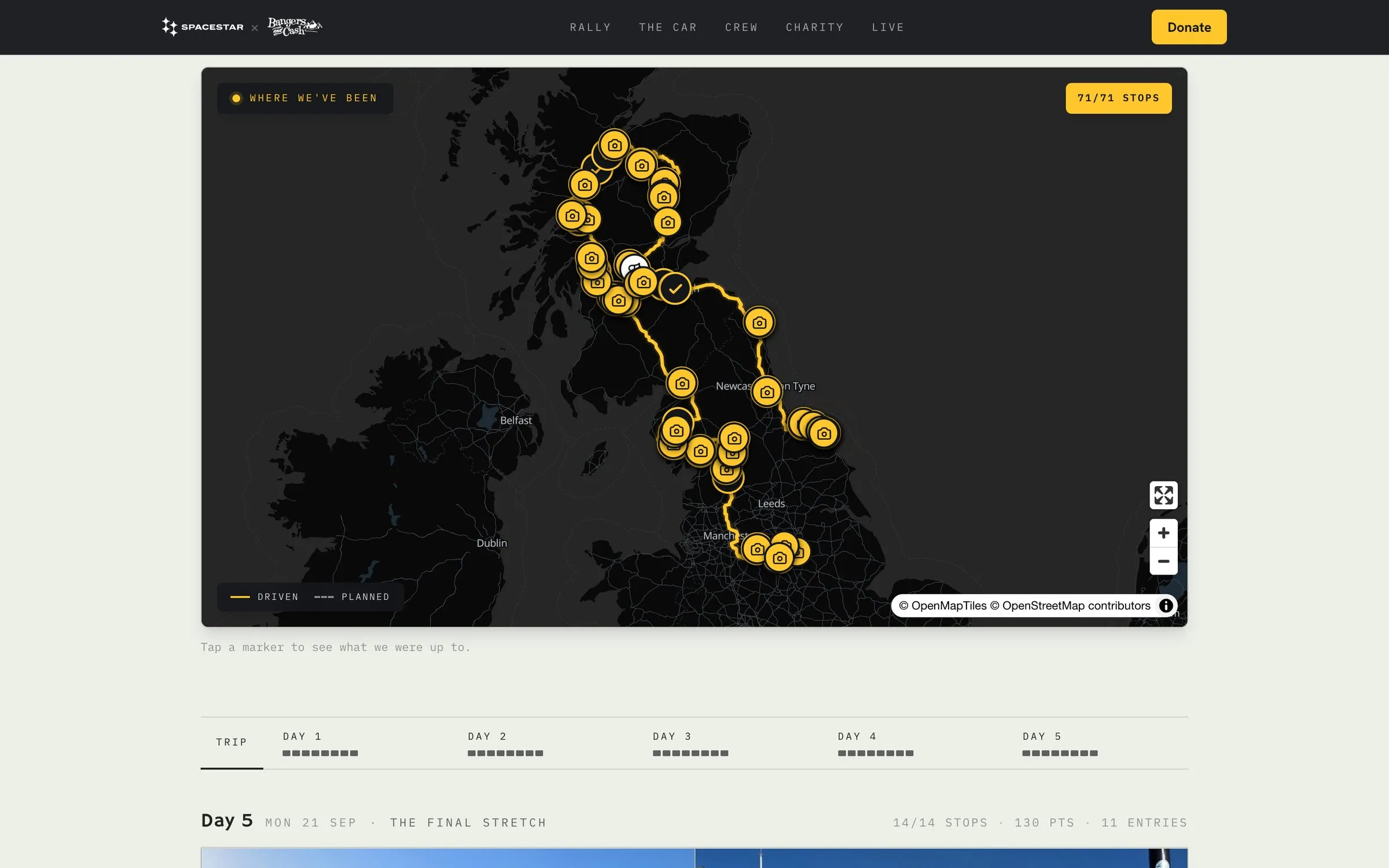 The journey map: a dark map of Britain with the driven route in yellow from Chesterfield up through Scotland and back down to Whitby, dotted with photo markers