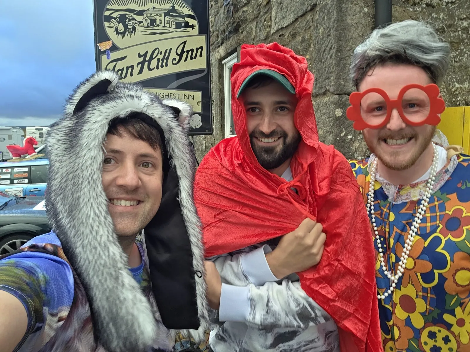 The three of us in fancy dress outside the Tan Hill Inn