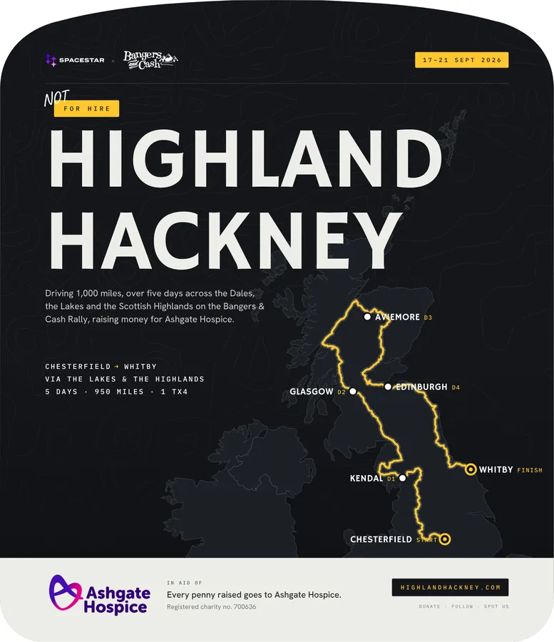 Printed tip-up seat artwork: HIGHLAND HACKNEY with a map of the route from Chesterfield to Whitby